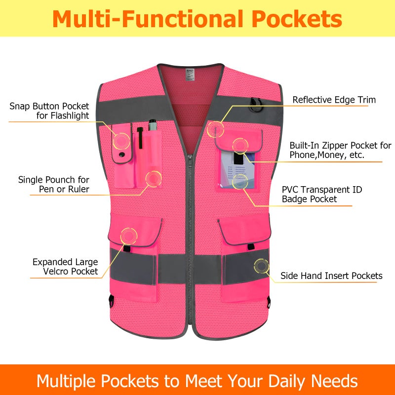 TCCFCCT Mesh Reflective Safety Vest 9 Pockets High Visibility Vest for Men Women, Hi Vis Reflective Work Vest for Safety, Meets ANSI/ISEA Standards, (Pink, XX-Large) - Image 3